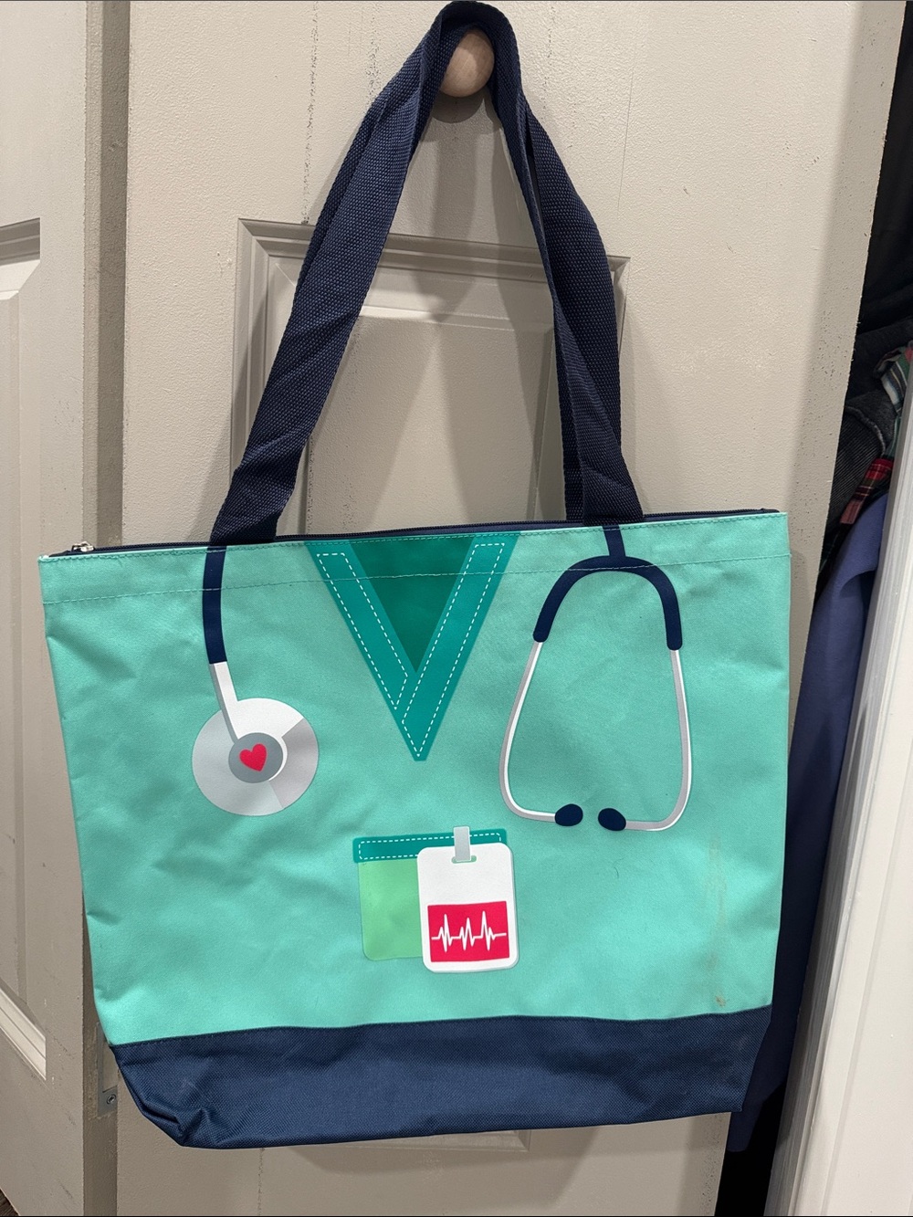 Nurse Scrub-Styled Mint & Navy Tote Bag